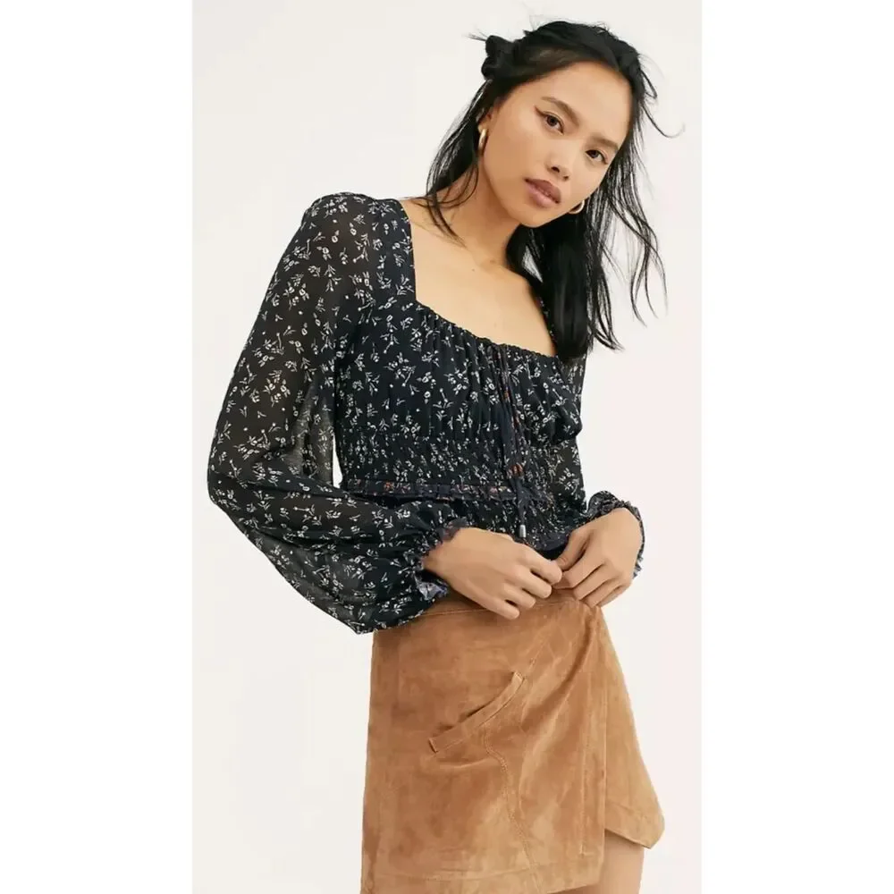 EUC Free People Lolita Floral Peasant Top Black Long Sleeve Boho Blouse Sz Small